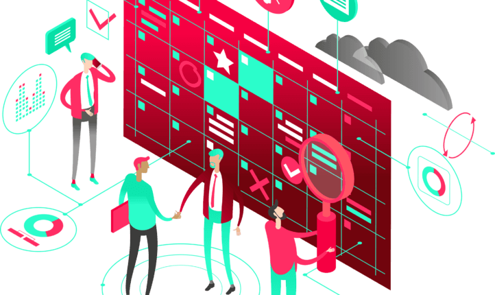 A graphic of some people in front of a large screen of data with two of them shaking hands