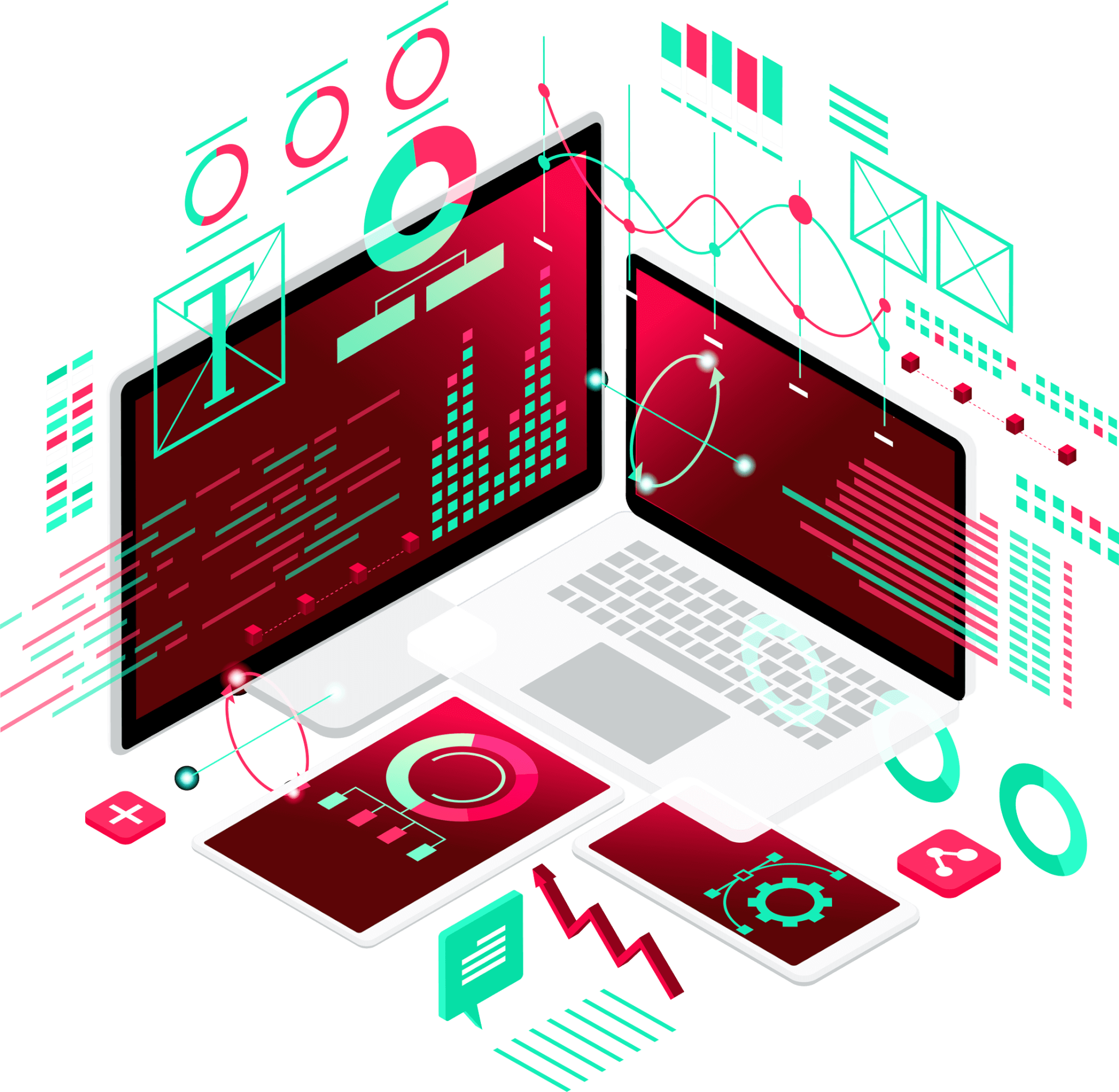 Graphic of a monitor, laptop, tablet and smartphone with data on and around all the screens